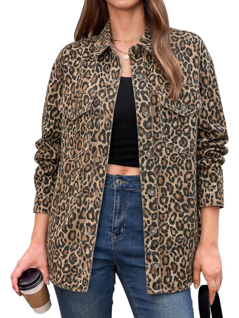 Women's Brown Leopard Cheetah Print Oversized Denim Jean Jacket Casual